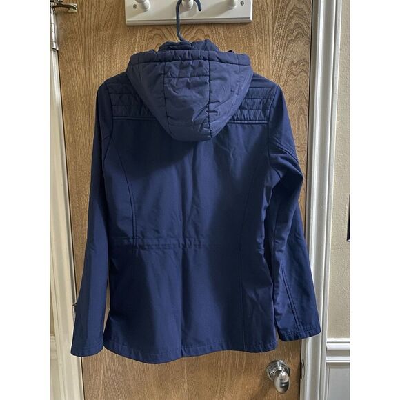 New Balance Quilted Fleece Running Jacket Navy Hooded Zip Side Pockets Sz Small - Picture 9 of 16